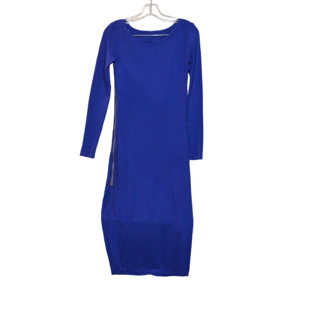 OODJI Blue Soft Thin Tricot Long Sleeves Zip Side Slit Dress (S)